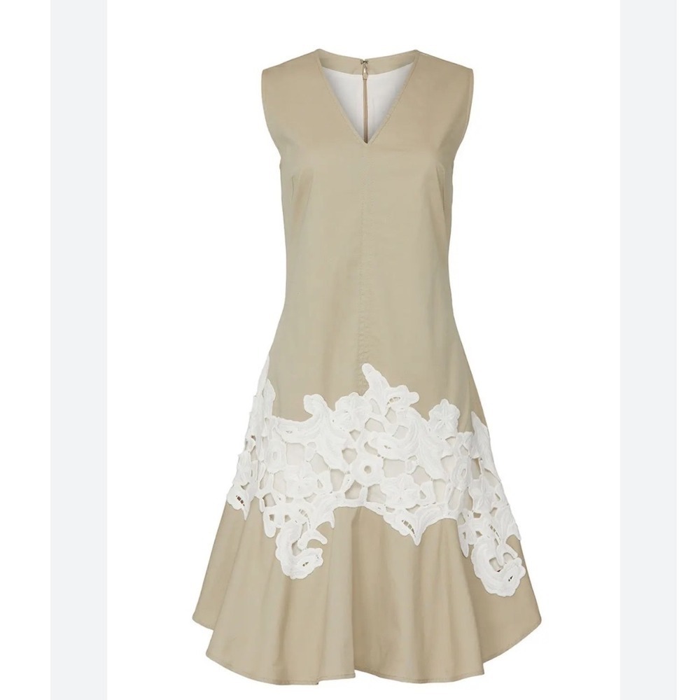 Derek Lam Khaki Tan Cotton Lace Applique V-Neck Sleeveless Dress IT 40 US 4